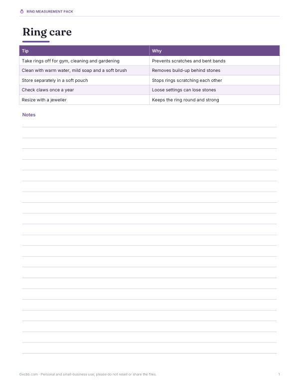 Preview of Printable Ring Care Chart