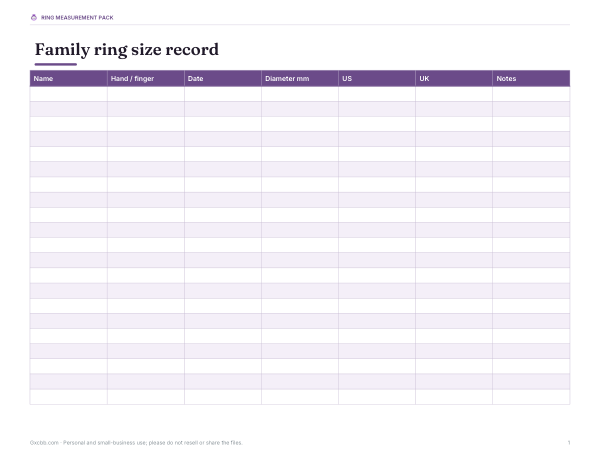 Preview of Printable Ring Size Record Sheet
